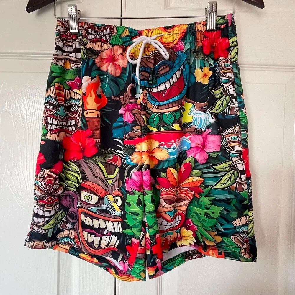 Mens Size S Hawaiian Tiki Torch Print Swim Trunks Drawstring Board Shorts